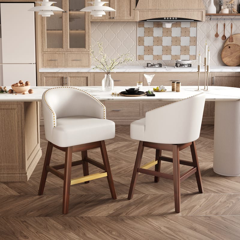 Pellebant 26.4''/31.9"H Height Solid Wood Swivel Indoor Bar Stools - 26.4''Ivory - Set of 2