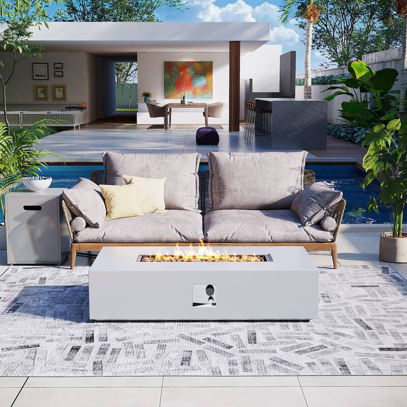 UPHA 56-Inch Rectangular Iron Propane Outdoor Fire Pit Table includes Tank Cover, Lid and Rain Cover in White
