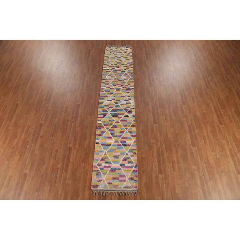 Hand Knotted Oriental 100% Wool Carpet Modern All-Over Multi-Colored Moroccan Runner Rug - 12' 9'' X 2' 5''
