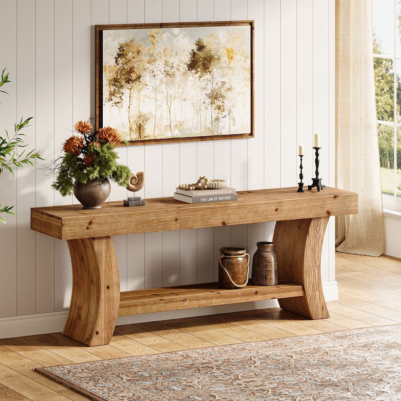 2-Tier Low Solid Wood Console Table for Living Room Entryway Hallway