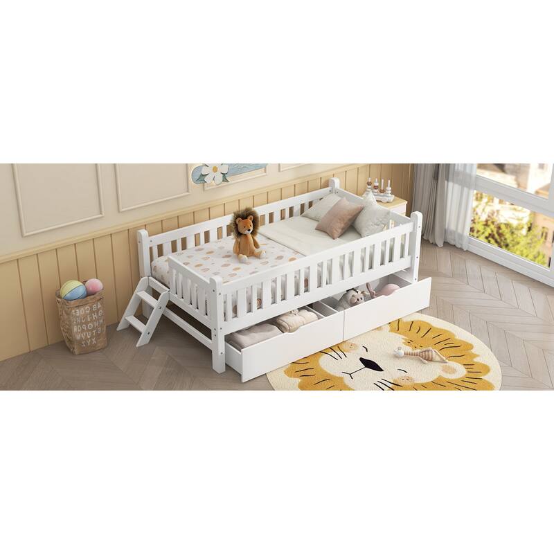 Roomfitters Twin Wood Platform Bed with Guardrail and 2 Storage Drawers
