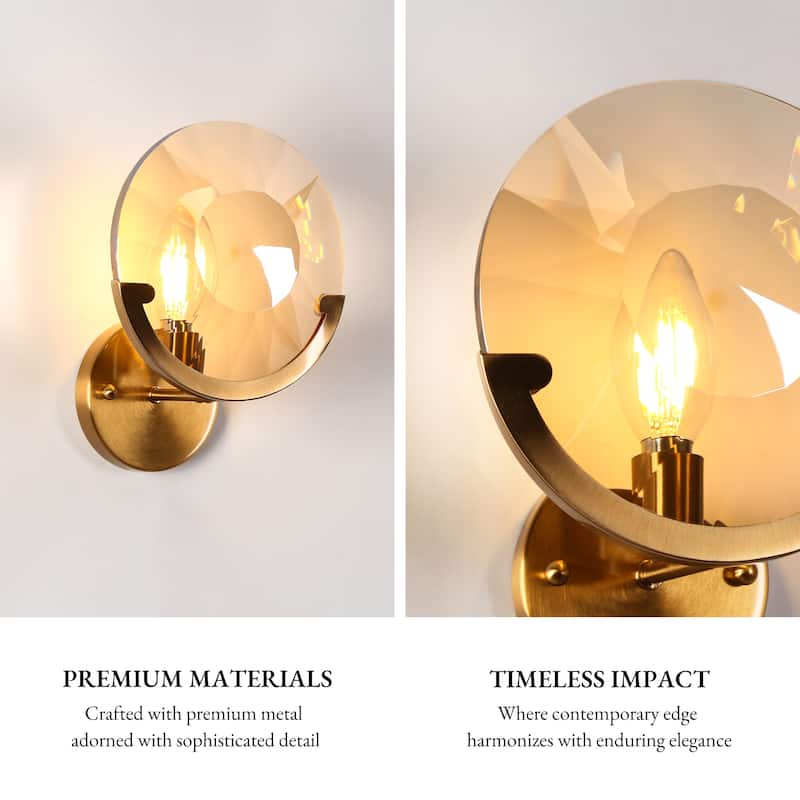 Modern Gold 1-Light Crystal Wall Sconce Round Bathroom Vanity Light - Dia. 7.9" x H 10.6"