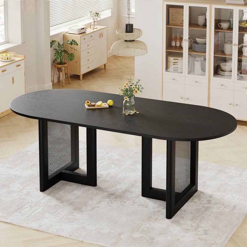 79" Dovelina Oval Dining Table with Rattan Double Pedestal for 8 People - Black