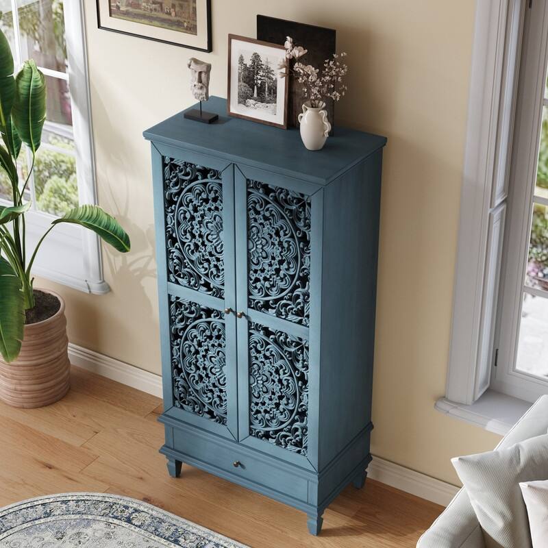 Rustic 55" Tall Storage Cabinet with Drawer, Decorative Carved Wood Accent for Living Room or Dining Area