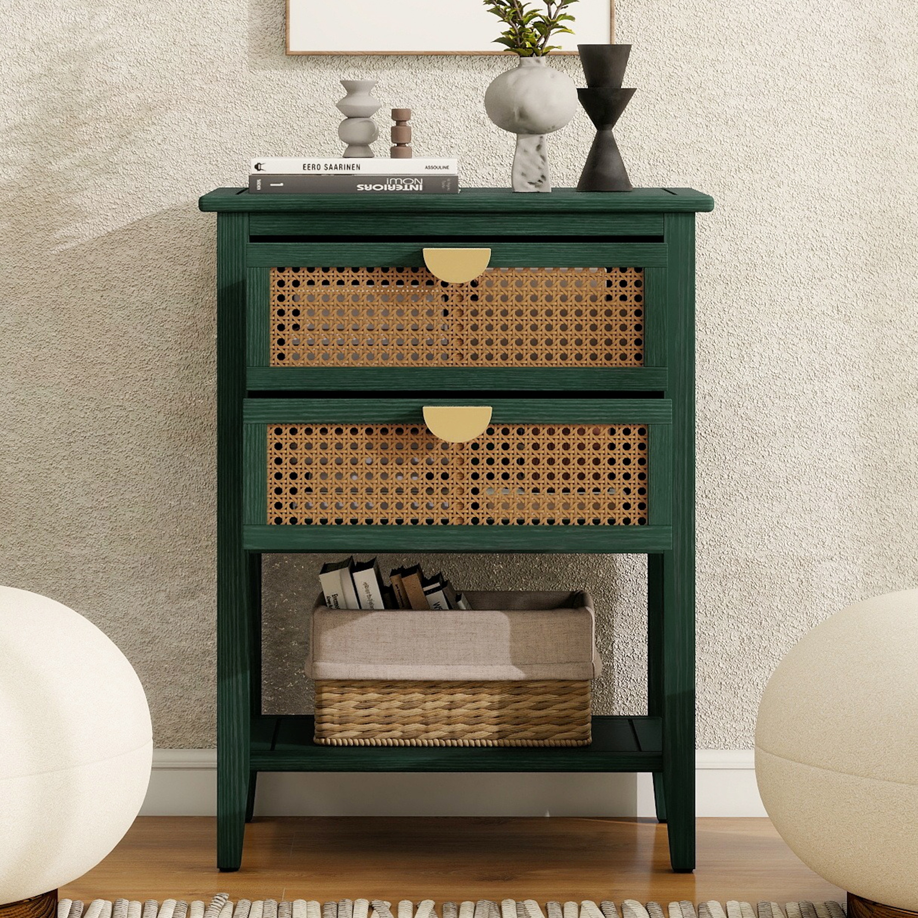 Modern Natural Rattan MDF Side Table with 2 Drawers and Storage Design Green by GDFStudio