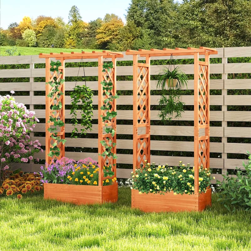 Gymax Raised Garden Bed Planter Box w/ Side & Top Trellis for Vine