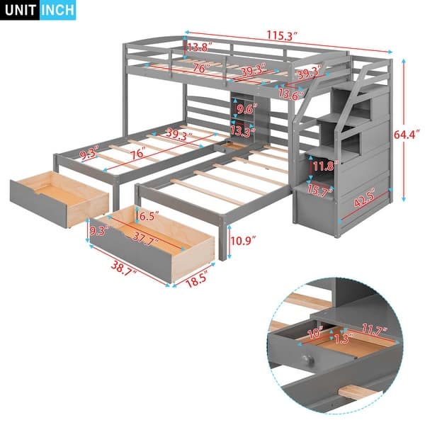 Triple Bunk Bed with Drawers, Staircase and Built-in Shelves, Gray