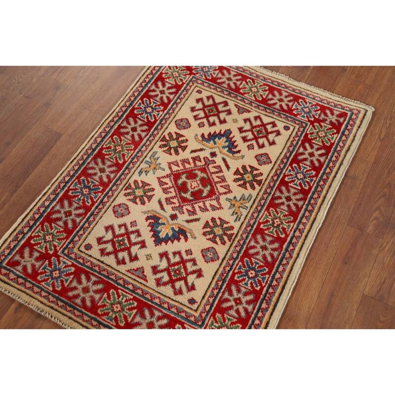 Hand Knotted Oriental 100% Wool Carpet Traditional Geometric Yellow & Gold Kazak Area Rug - 2' 10'' X 2' 1''