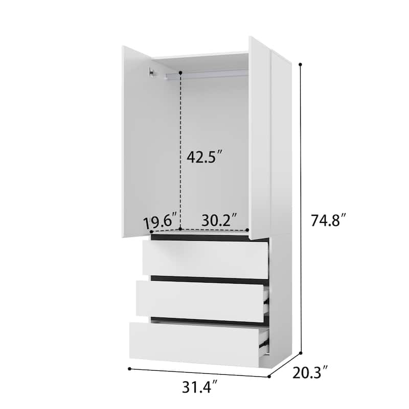 Large Modular Freestanding Armoire With 3 Drawers, Clothes Organizer Closet with Storage Shelves