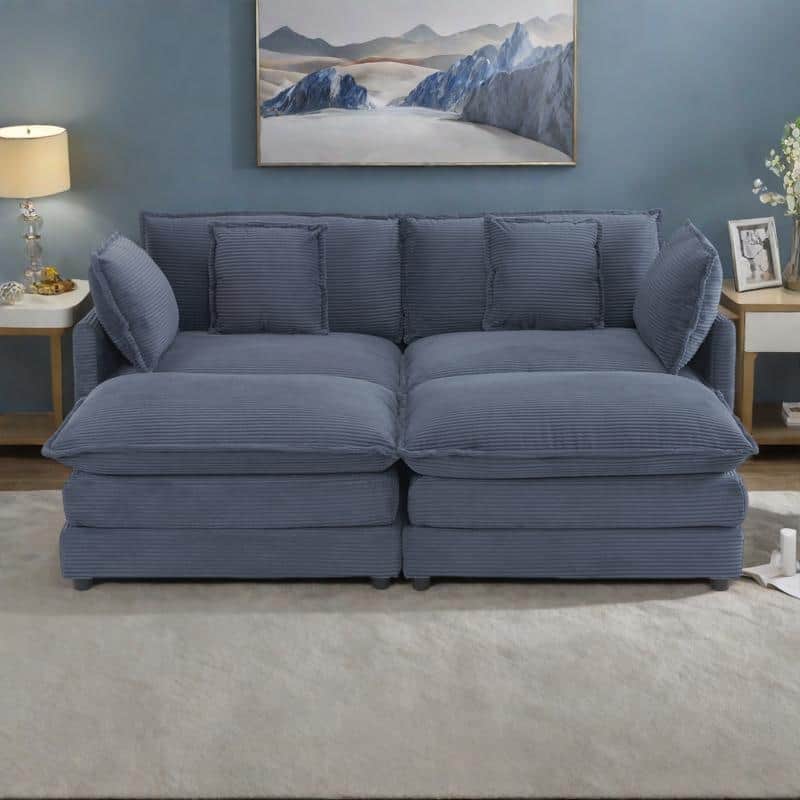 75.6" Corduroy U-Shaped Sectional Sofa with Ottoman and Storage Pockets