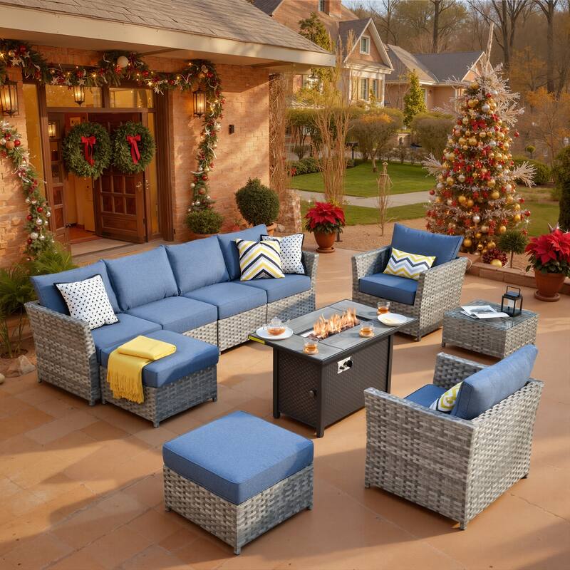 XIZZI 10-piece Patio Furniture Outdoor Sectional Sofa Set with Fire Pit - Denim Blue