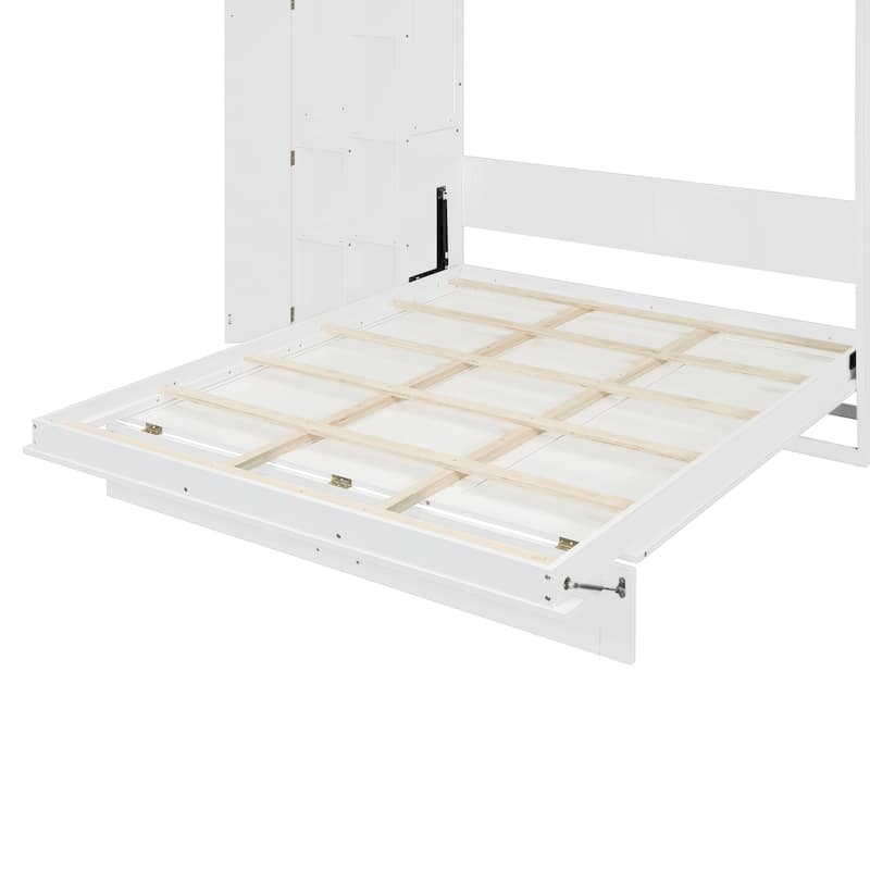 Queen Size Murphy Bed Wall Bed with Shelves, Wardrobe and LED Lights