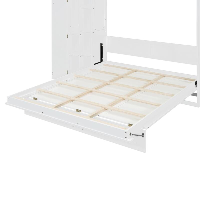 Queen Size Wall Bed with Shelves, Wardrobe, and LED Lights, Space-Saving Design