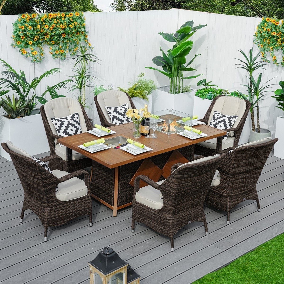 7-Piece Patio Rattan Dining Set with Ice Bucket and Firepit