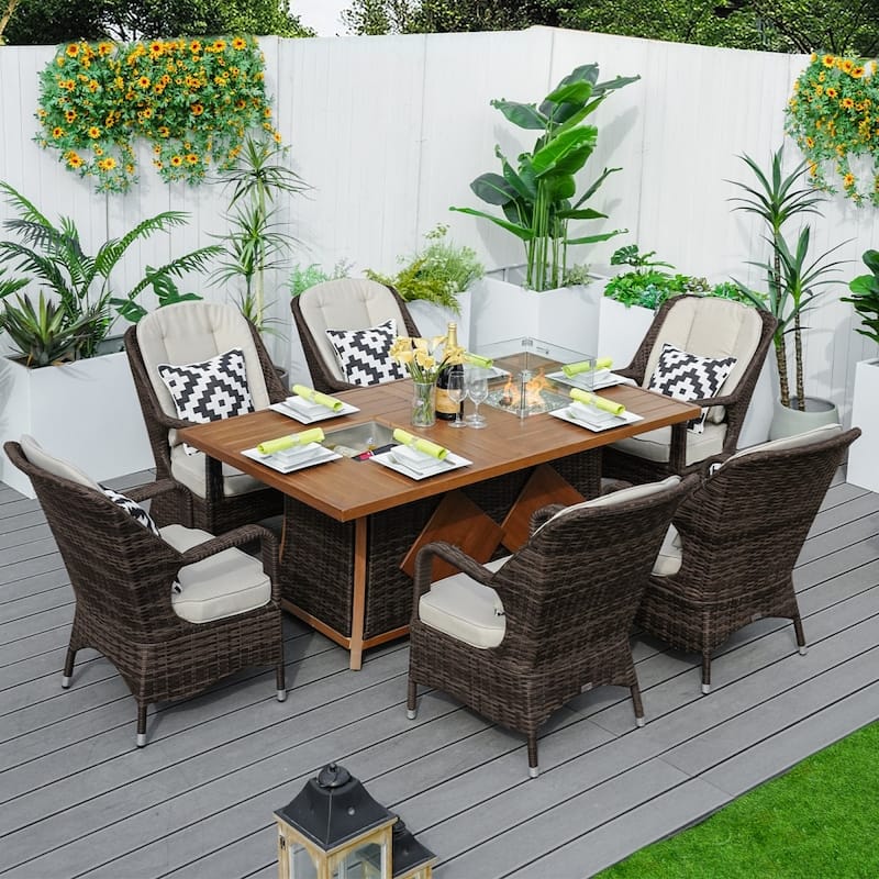 7-Piece Patio Rattan Dining Set with Ice Bucket and Firepit
