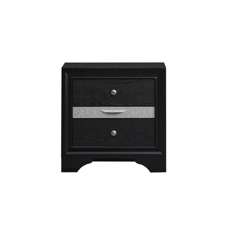 Black Laminate Nightstand with Silver Trim and Nickel Handles