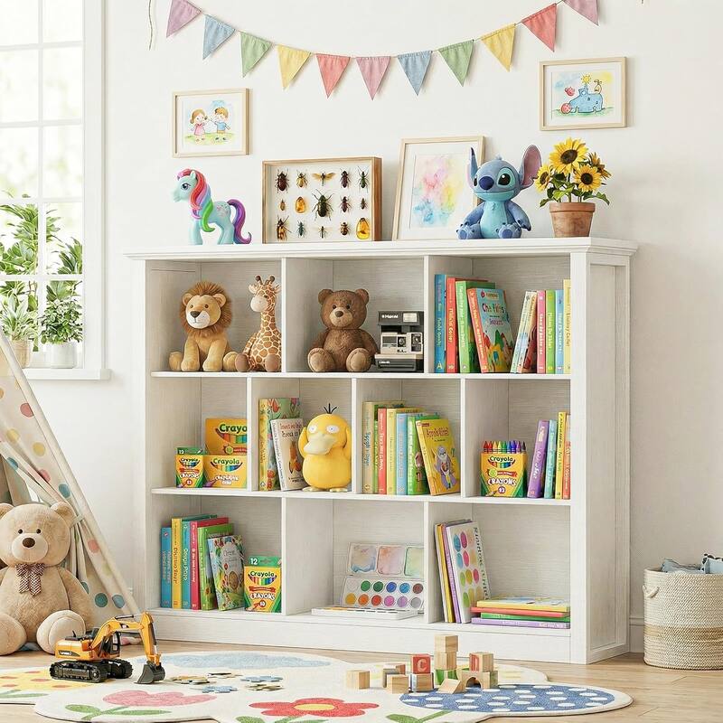 7/10 Cube Bookcase Organizer with Backpanel, 50" Wooden Storage Book Shelf for Living Room, Bedroom, Home Office, Kids Room