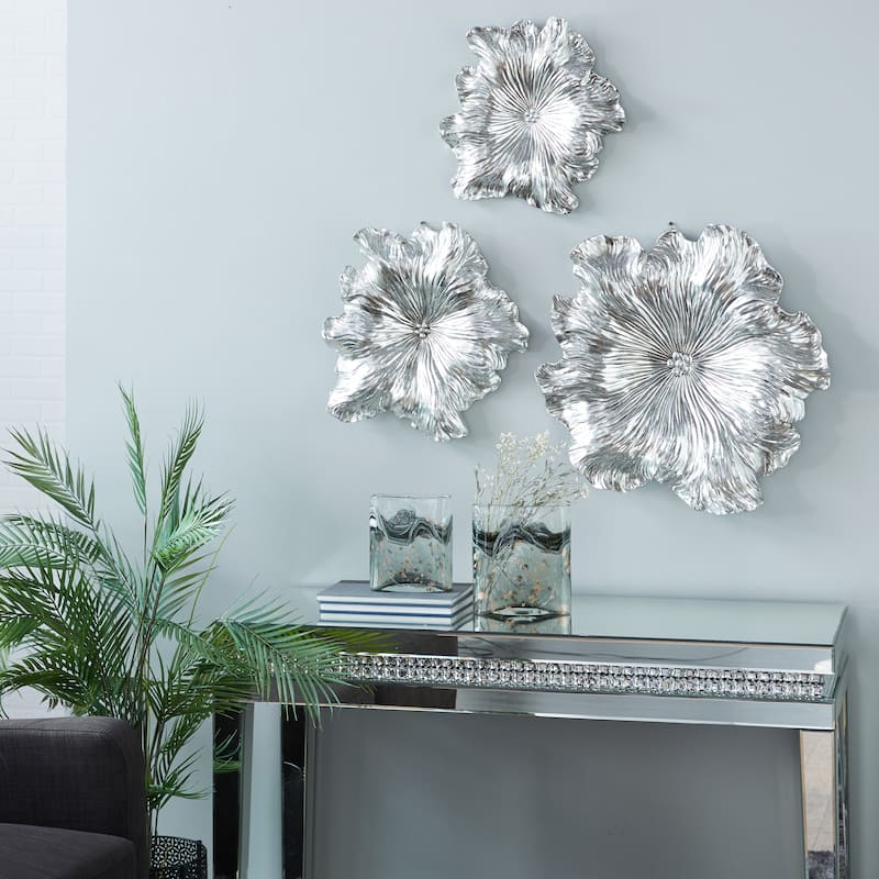 Silver Polystone 3D Floral Home Wall Decor (Set of 3)
