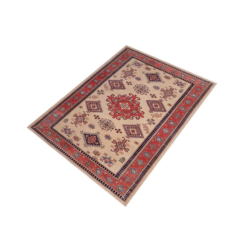 Rustic Super Kazak Dashiell Gold/Pink Hand Knotted Wool Rug - 5'4'' x 8'0''