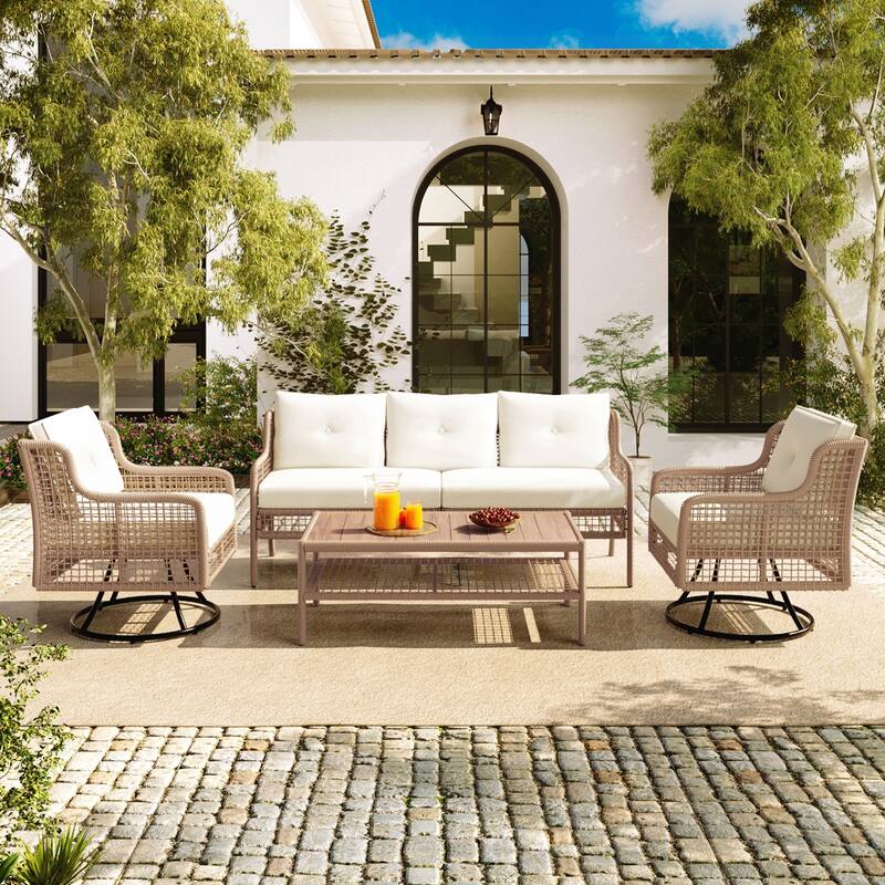 4 Pieces Patio Furniture Set with Swivel Chairs - Beige