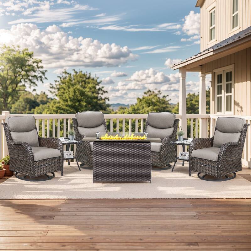 Outdoor Gliders Chairs with Fire Pit Table with 5-Inch Thick Cushions - Brown Rattan - Grey Cushion - 7PCS Swivel Chair Table w/ Rectangular Fire Table