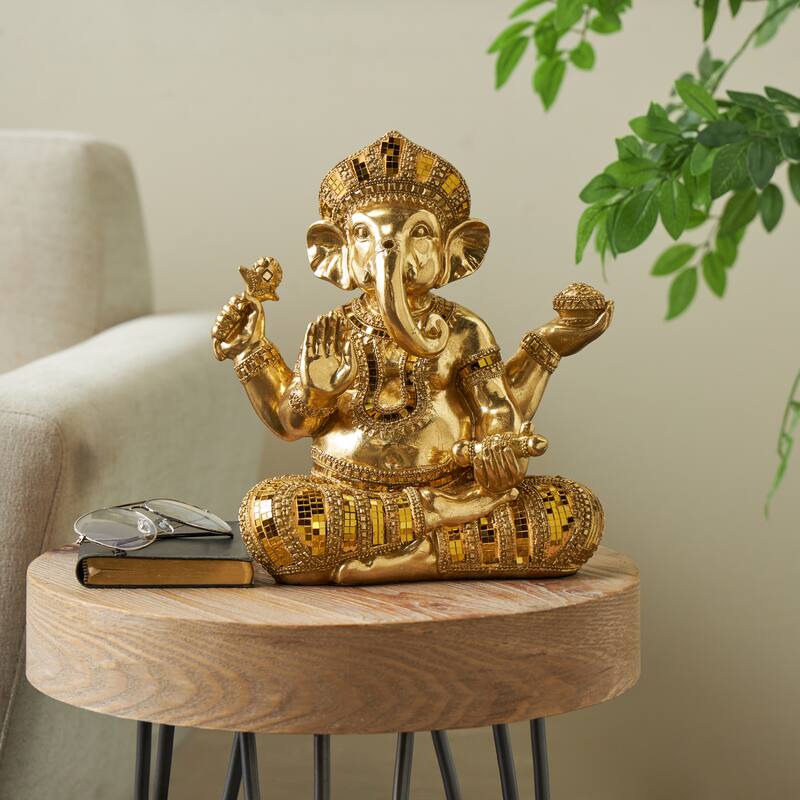 Gold Resin Ganesh Decorative Sculpture with Mosaic Details - Gold