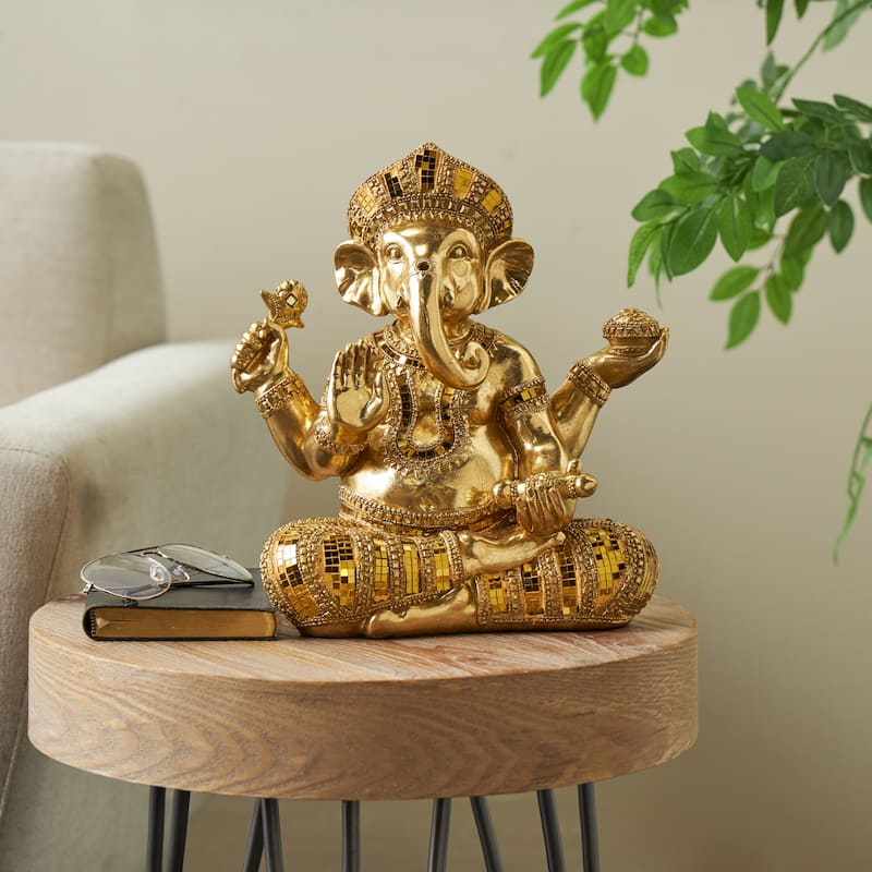 Gold Resin Ganesh Decorative Sculpture with Mosaic Details