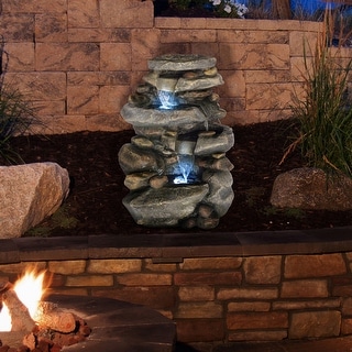 4-Tier Outdoor Rock Water Fountain with LED Lights
