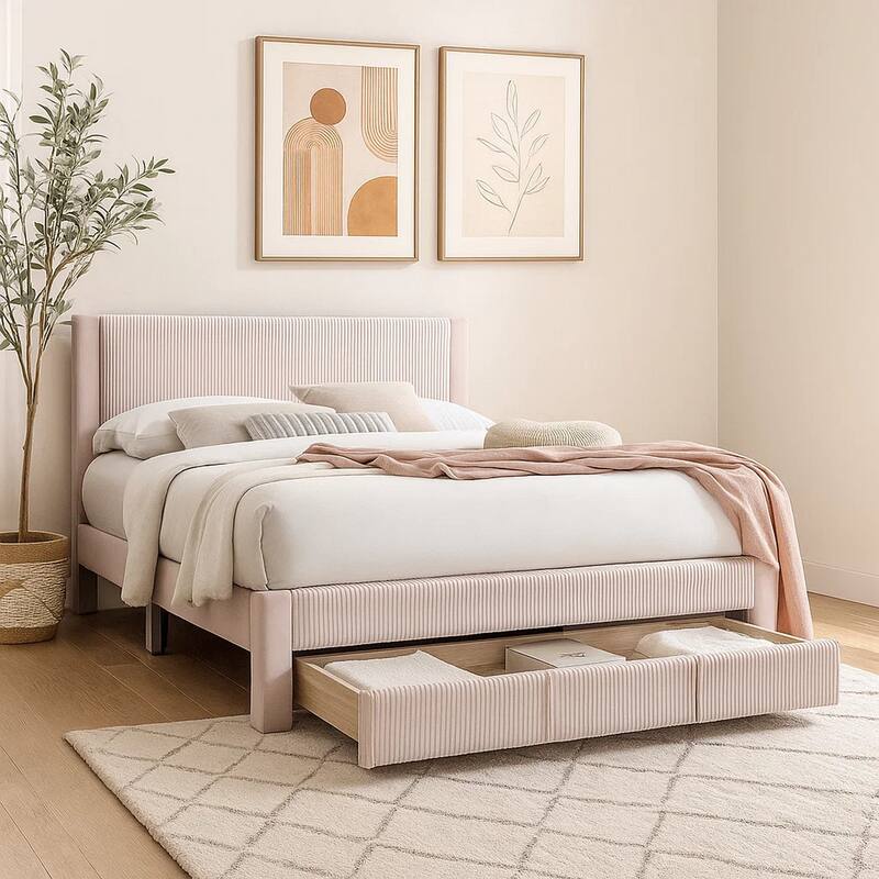 Daisy Full Bed w Drawer, Light Pink Corduroy Upholstery, Foam Headboard
