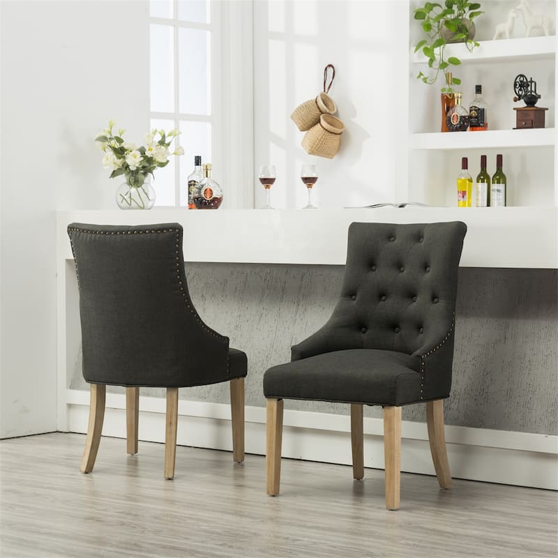 Button Tufted Solid Wood Wingback Chairs with Nail Heads, Set of 2