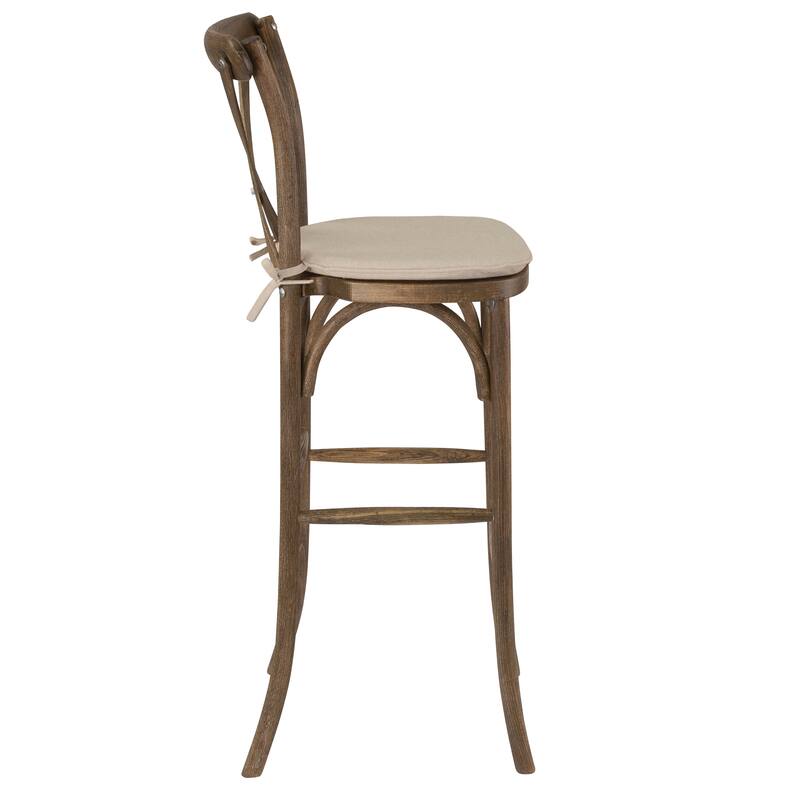 350lb. Rated Dark Antique Wood Cross Back Stackable Barstool with Cushion - 13.75"D x 13" - 17.5"W x 43"H