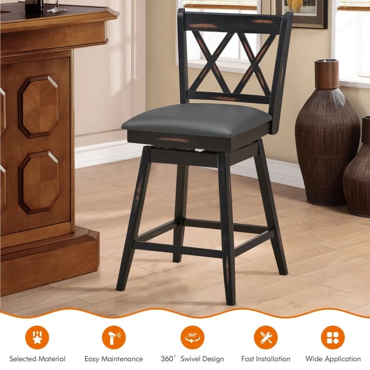 2 Pieces 25 Inch Swivel Counter Height Barstool Set with Rubber Wood Legs - 18" x 20" x 38" (L x W x H)