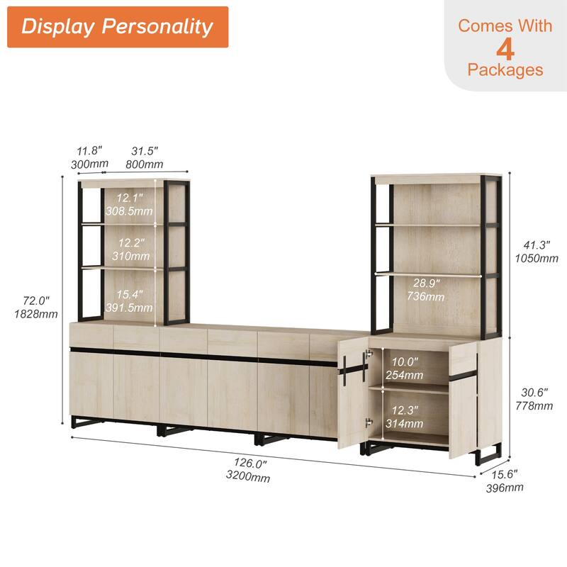 WAMPAT Modern TV Stand with 3 Tiers Bookshelf, Farmhouse Entertainment Center with 4 Large Storage Cabinets and Adjustable Shelf