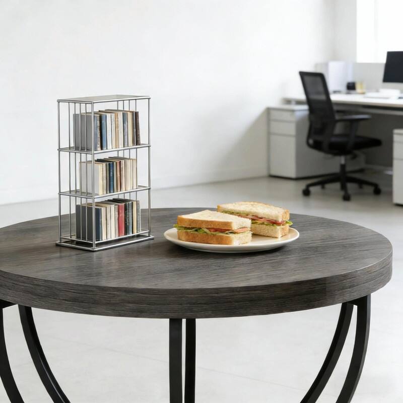 Round 2-Tier Wood Coffee Table with Metal Base for Living Room