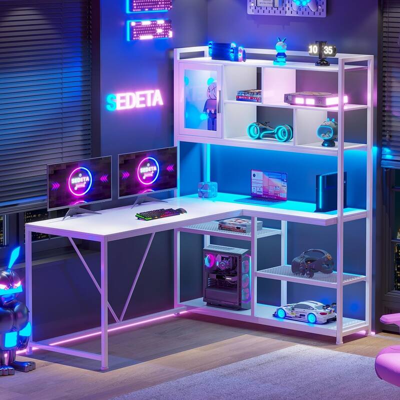 L Shaped Computer Gaming Corner Desk LED Light Storage Bookshelf