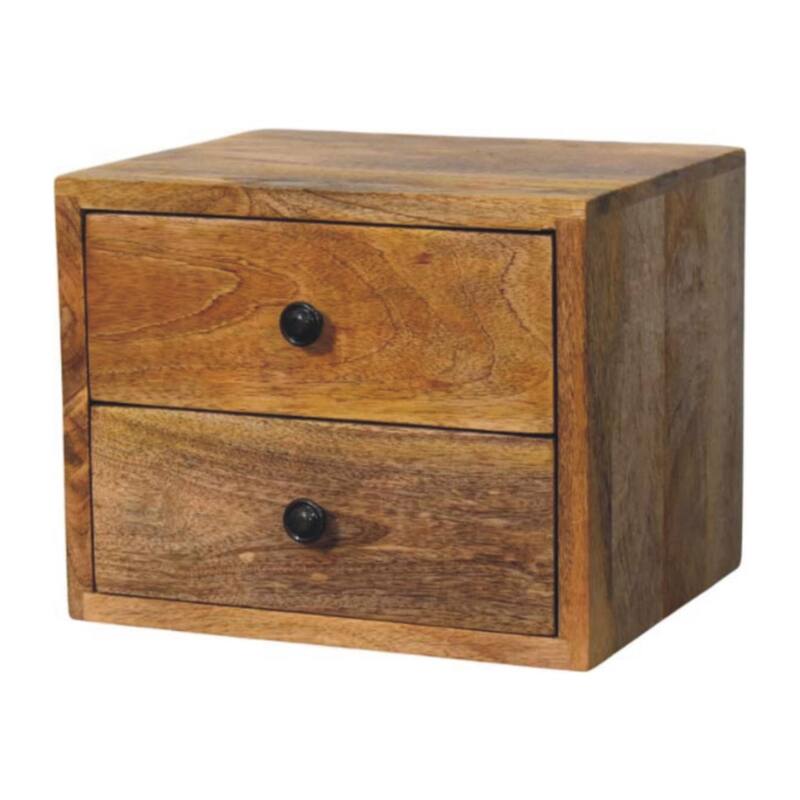 2-Drawer Wall-Mounted Nightstand, Solid Mango Wood, Oak Finish, Space-Saving