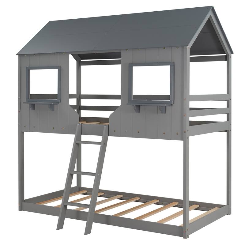 Playhouse Design Twin Over Twin Bunk Bed, Full-Length Guardrails