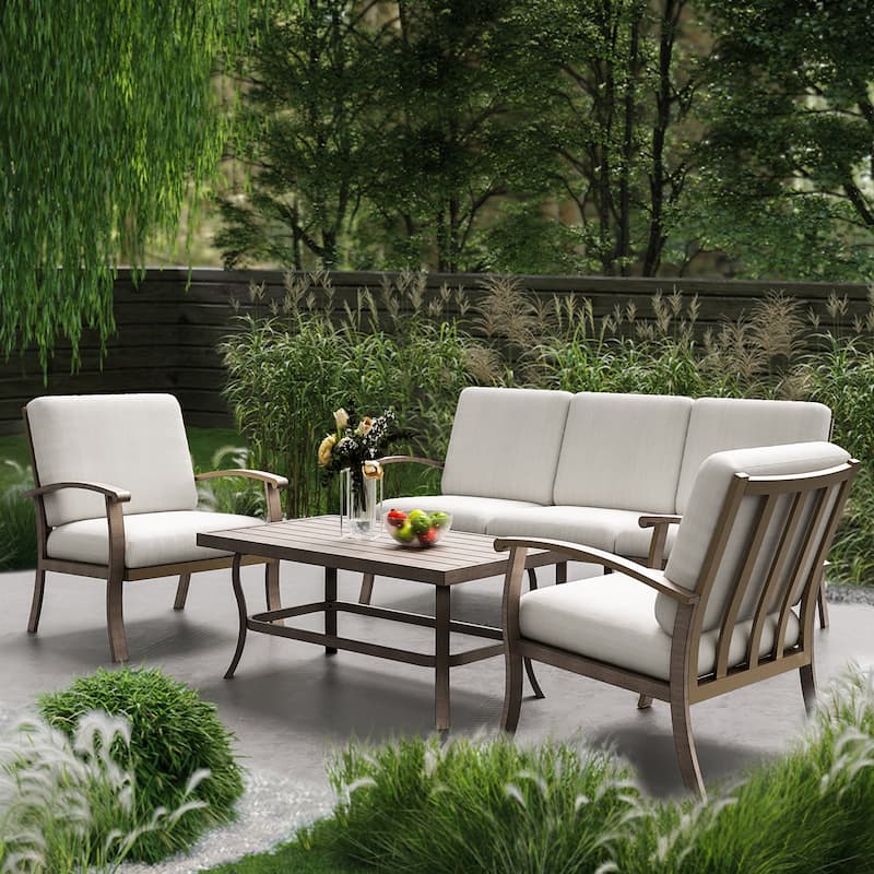 5-Person Aluminum Patio Conversation Set with Coffee Table, Sofa and Light Gray Cushions