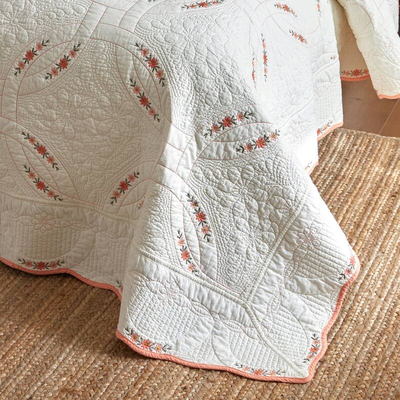 3Pcs Cotton French Country Quilt Bedspread Set Floral Embroidery