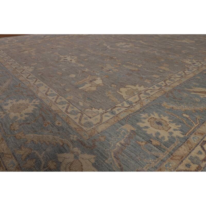 Vegetable Dye Floral Oushak Turkish Rug Hand-Knotted Grey Wool Carpet - 9'4"x 11'8"