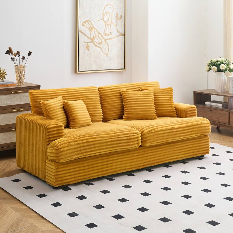 Corduroy Loveseat Sofa with 4 Pillows & Cushions, Upholstered Deep Seat Sofa wSolid Wood Base Frame Recliner Sofa Couch - Orange
