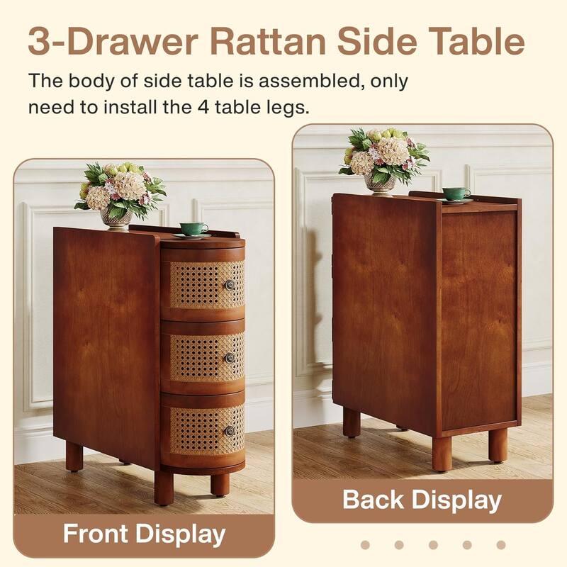 10.62" Narrow Rattan 3-Drawer End Table, Walnut & Oak Slim Nightstand, No Assembly, Sofa Side Table for Bedroom, Living Room