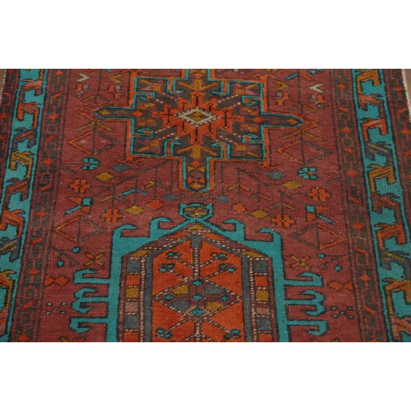 Hand Knotted Oriental 100% Wool Carpet Traditional Geometric Oranges & Rust Heriz Runner Rug - 10' 5'' X 3' 1''