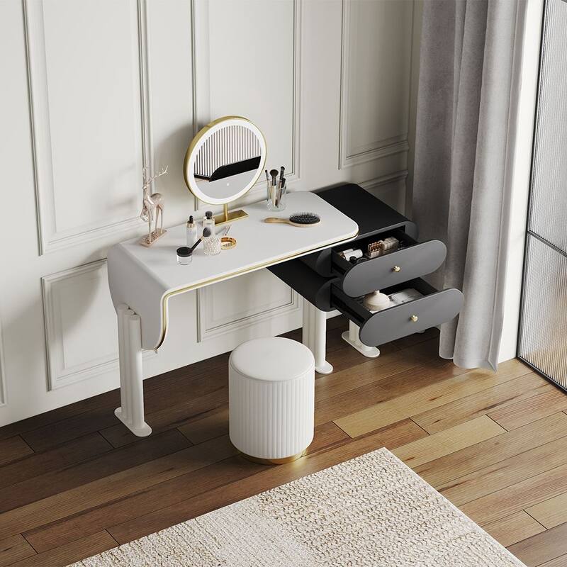 Modern Light Luxury Makeup Vanity Table Set，Wood Drawer, Stool, Plywood,White & Black