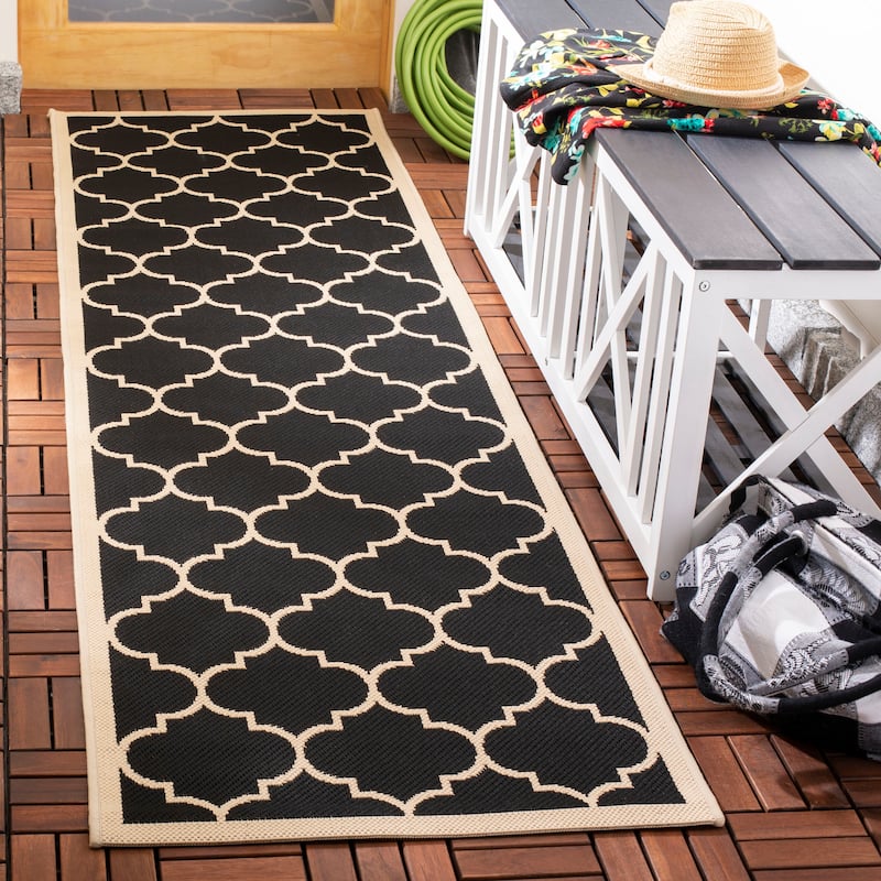 SAFAVIEH Courtyard Kathy Indoor/ Outdoor Waterproof Patio Backyard Rug - 2'3" x 12' Runner - Black/Beige