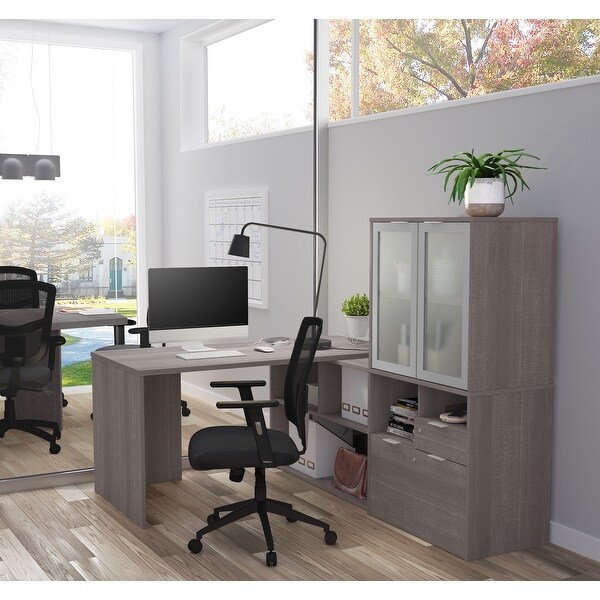 Bestar i3 Plus L-Desk with Frosted Glass Door Hutch. Opens flyout.