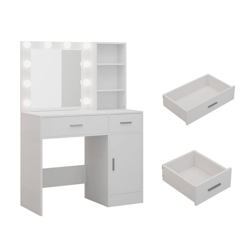 Lighted Bathroom Vanity with Mirror, MDF Cabinet, Smooth Drawers, Space-Saving Design