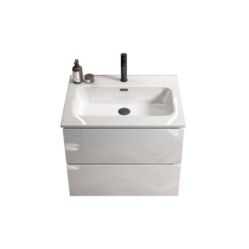 Sleek Modern Glossy White Ceramic Basin, Scratch-Resistant with Minimalist Design - 24.01in L