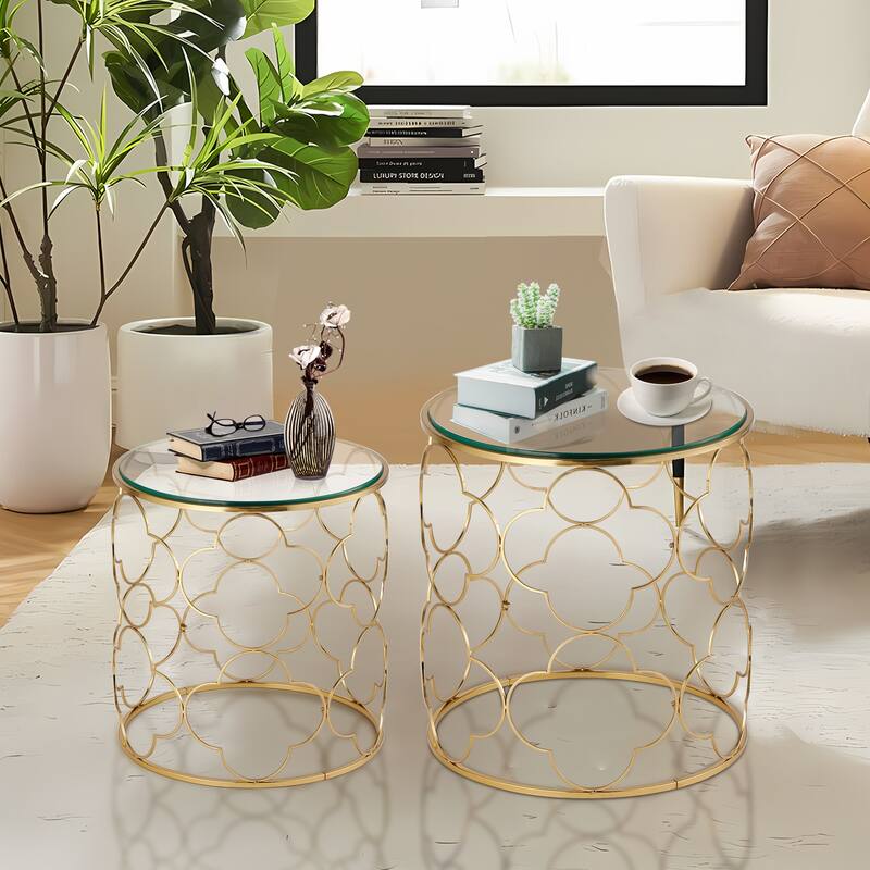 Coffee Table Set of 2 with Glass Top and Metal Wire, Round Side End Table