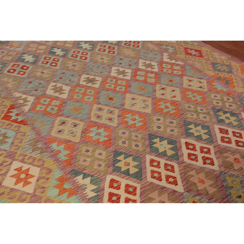 Geometric Kilim Area Rug Hand-Woven Wool Carpet - 8'5"x 11'1"